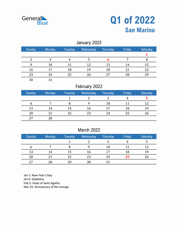 San Marino Q1 2022 Quarterly Calendar with Sunday Start