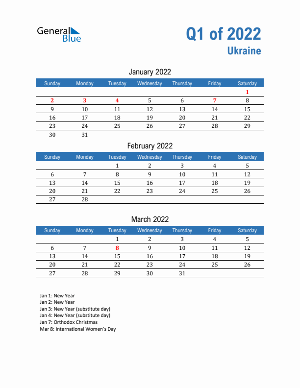 Ukraine Q1 2022 Quarterly Calendar with Sunday Start