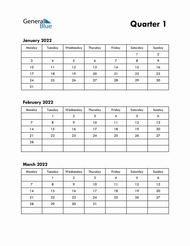 Quarter 1 2022 Calendar - Monday Start