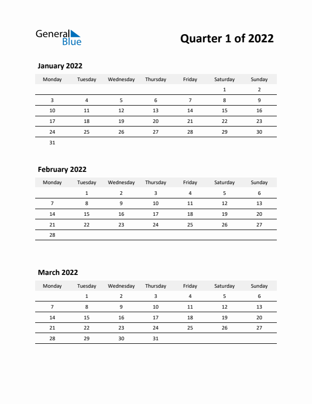 2022 Three-Month Calendar (Quarter 1)