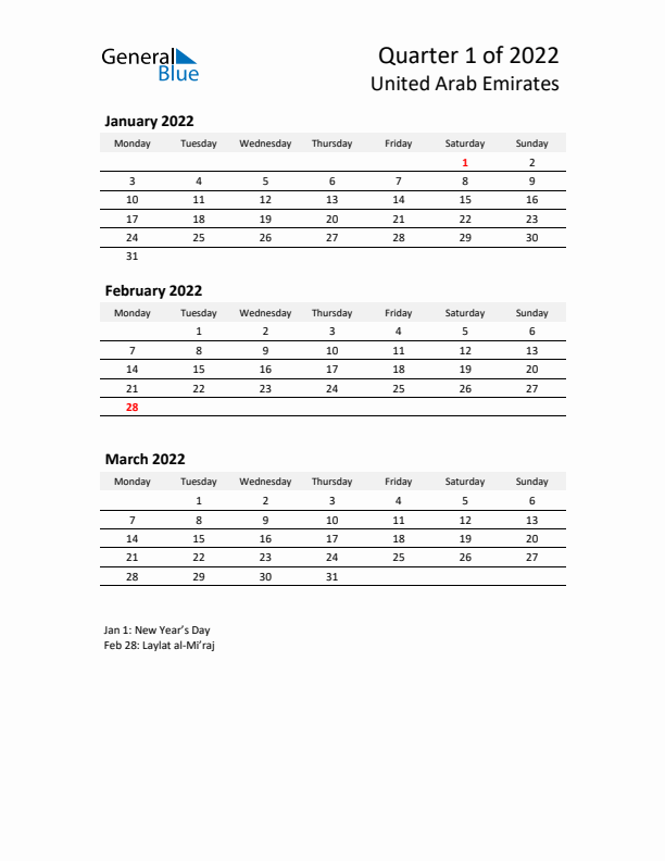 2022 Q1 Three-Month Calendar for United Arab Emirates