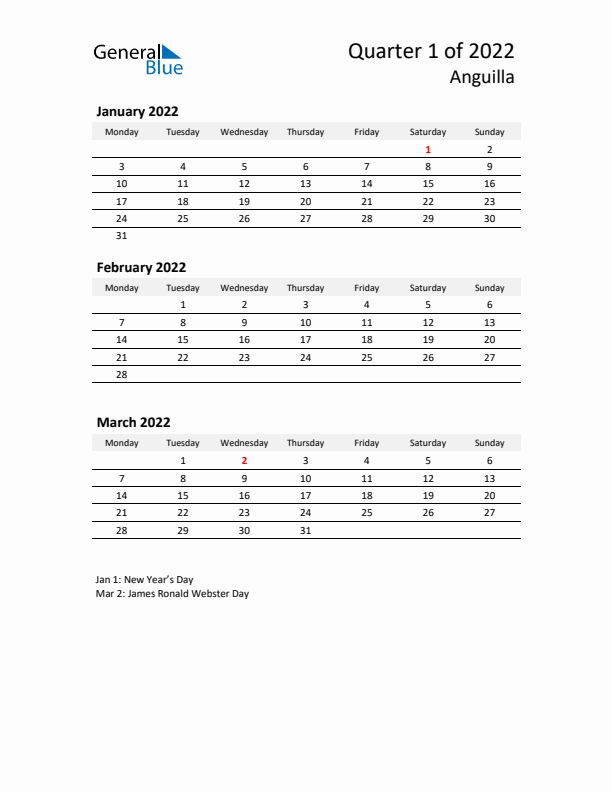 2022 Q1 Three-Month Calendar for Anguilla