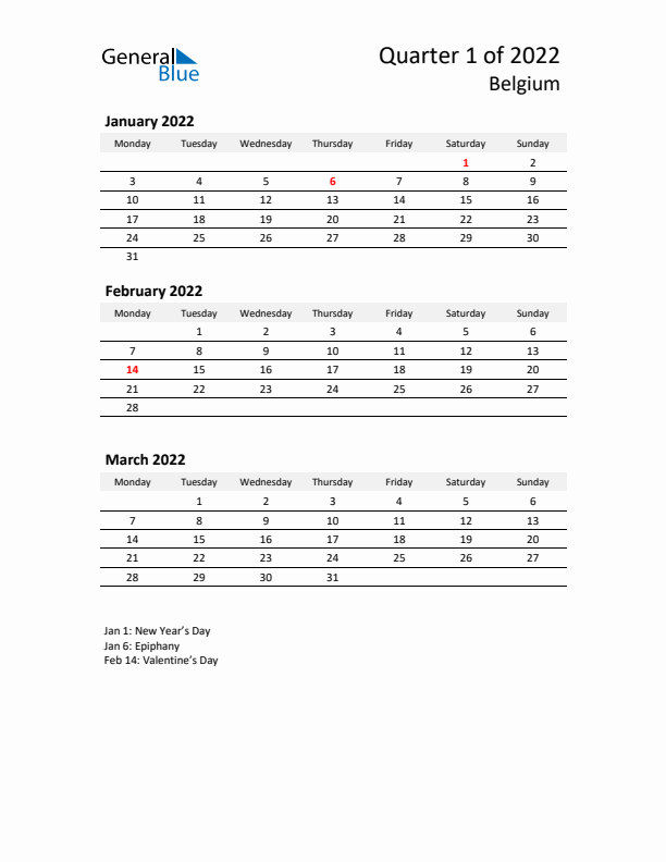 2022 Q1 Three-Month Calendar for Belgium