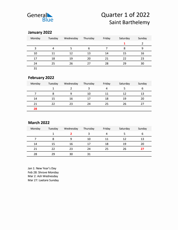 2022 Q1 Three-Month Calendar for Saint Barthelemy