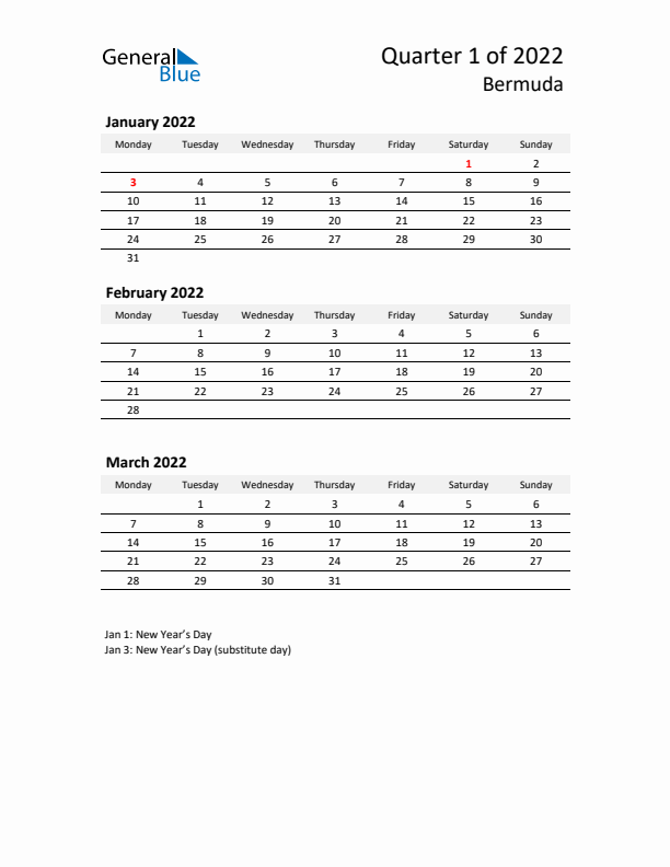 2022 Q1 Three-Month Calendar for Bermuda