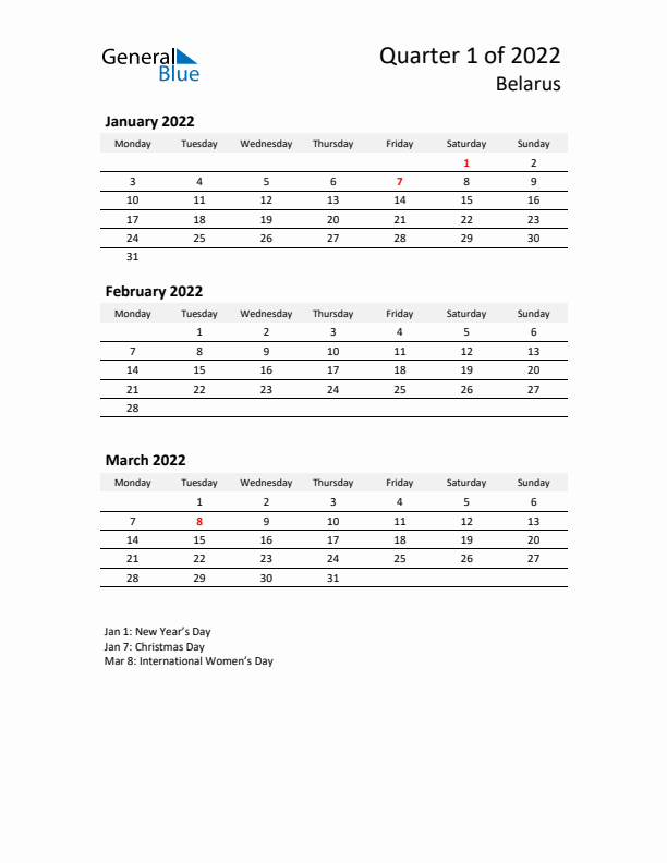 2022 Q1 Three-Month Calendar for Belarus