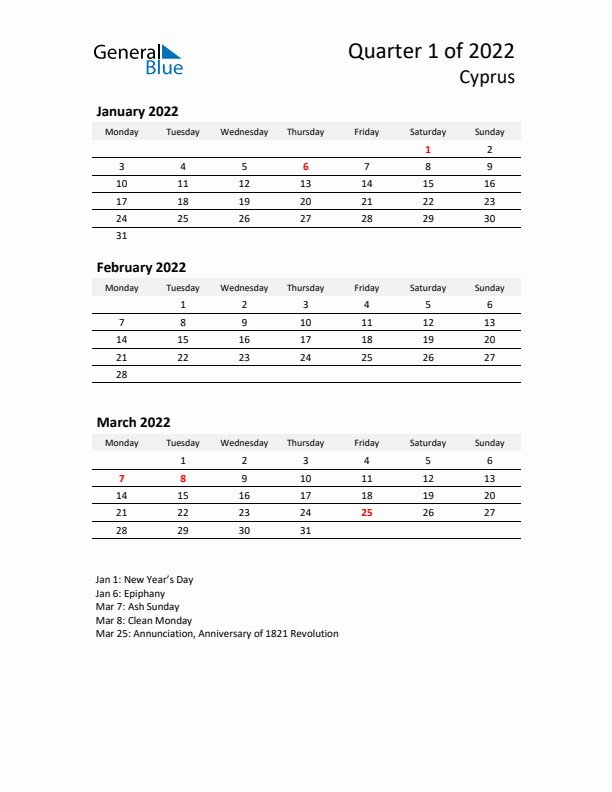 2022 Q1 Three-Month Calendar for Cyprus