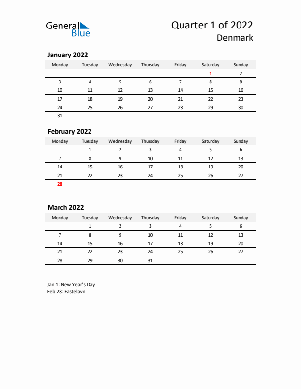 2022 Q1 Three-Month Calendar for Denmark