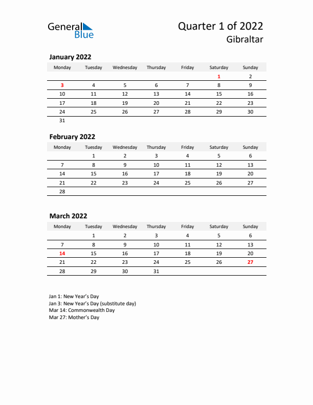 2022 Q1 Three-Month Calendar for Gibraltar