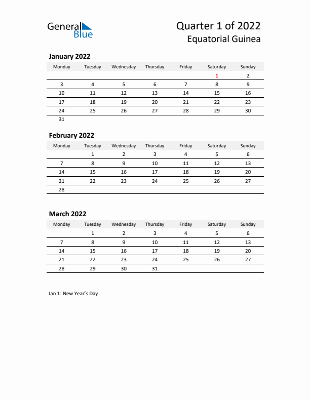 2022 Q1 Three-Month Calendar for Equatorial Guinea