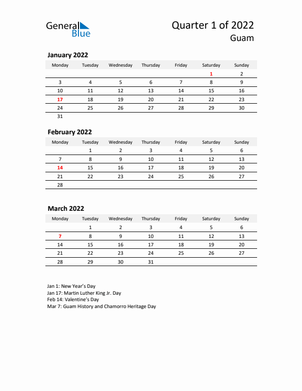 2022 Q1 Three-Month Calendar for Guam