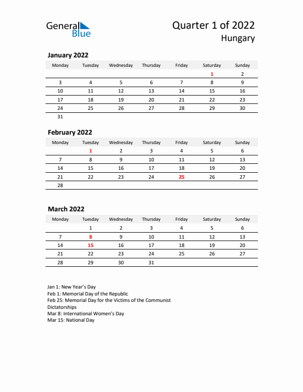 2022 Q1 Three-Month Calendar for Hungary