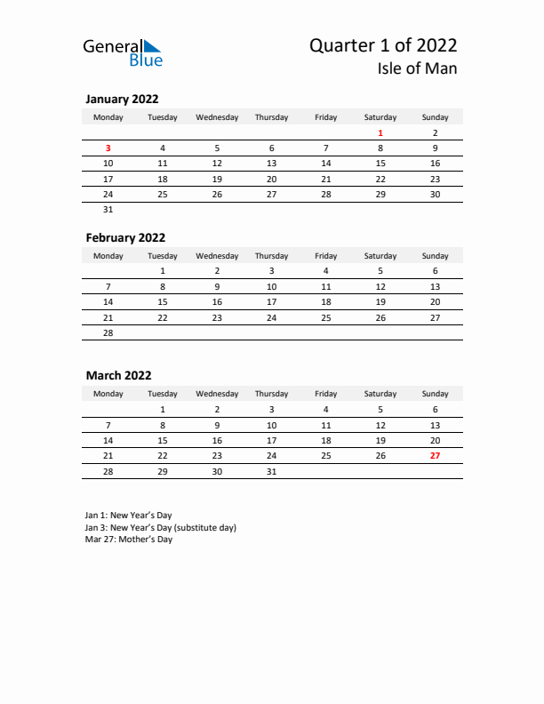 2022 Q1 Three-Month Calendar for Isle of Man