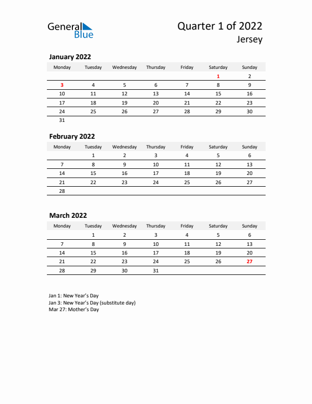 2022 Q1 Three-Month Calendar for Jersey