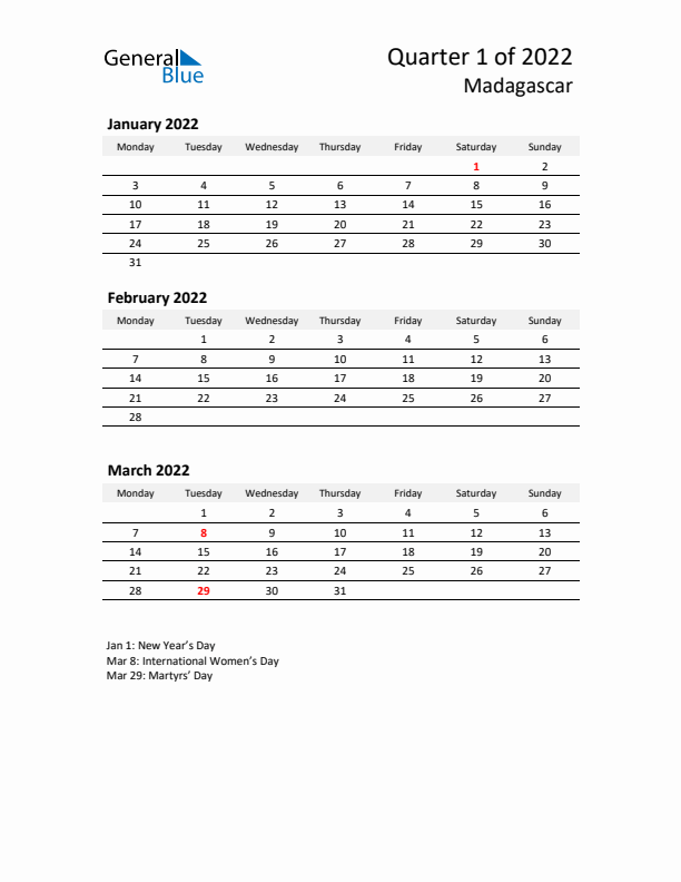 2022 Q1 Three-Month Calendar for Madagascar