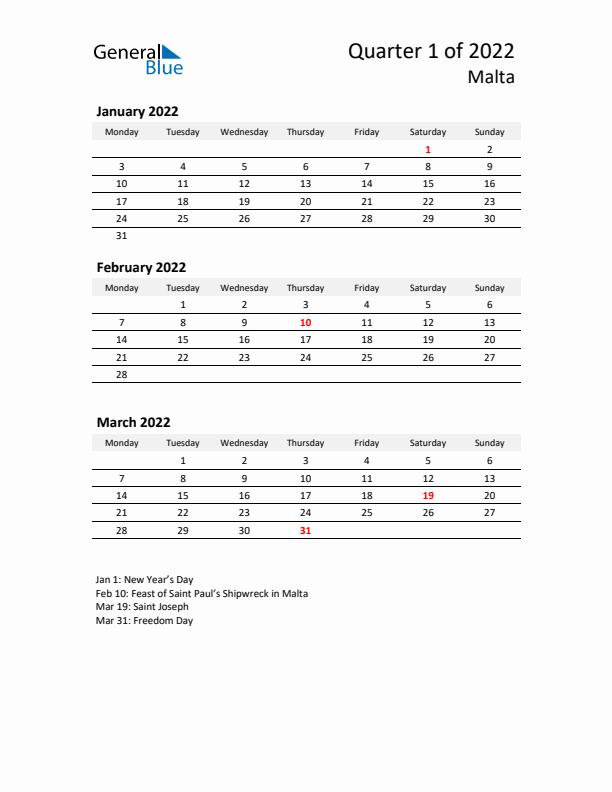 2022 Q1 Three-Month Calendar for Malta