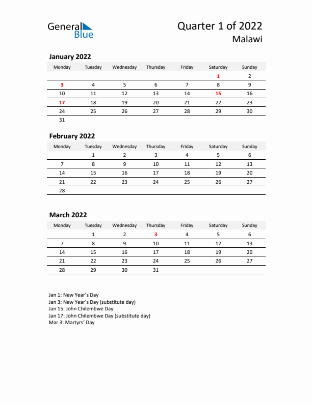 2022 Q1 Three-Month Calendar for Malawi