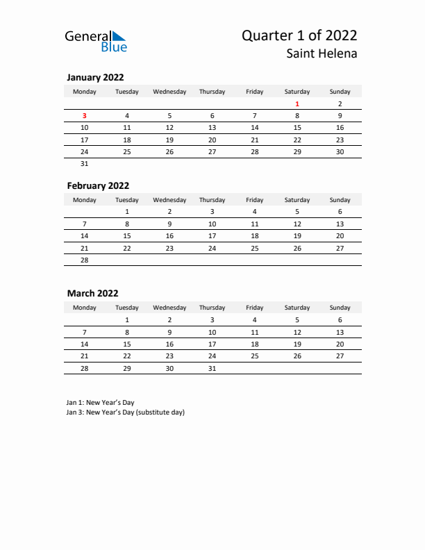 2022 Q1 Three-Month Calendar for Saint Helena