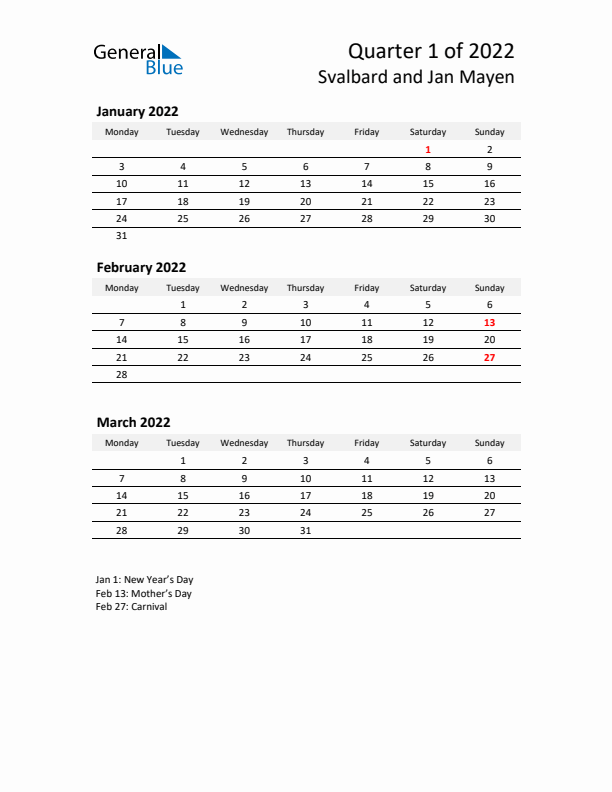 2022 Q1 Three-Month Calendar for Svalbard and Jan Mayen