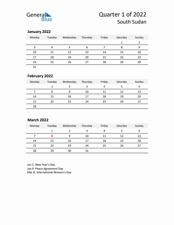 2022 Q1 Three-Month Calendar for South Sudan