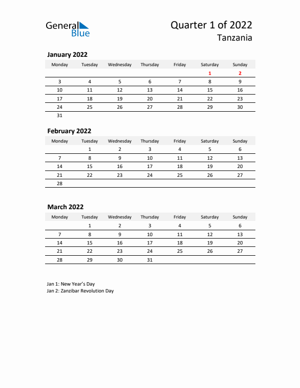 2022 Q1 Three-Month Calendar for Tanzania