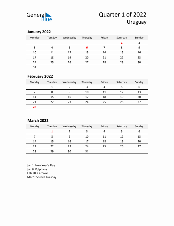 2022 Q1 Three-Month Calendar for Uruguay