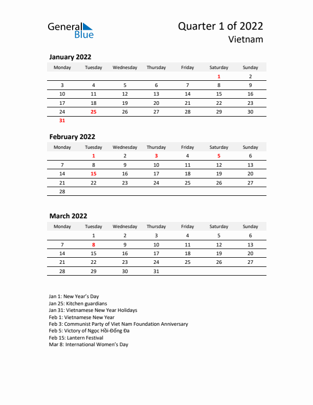 2022 Q1 Three-Month Calendar for Vietnam