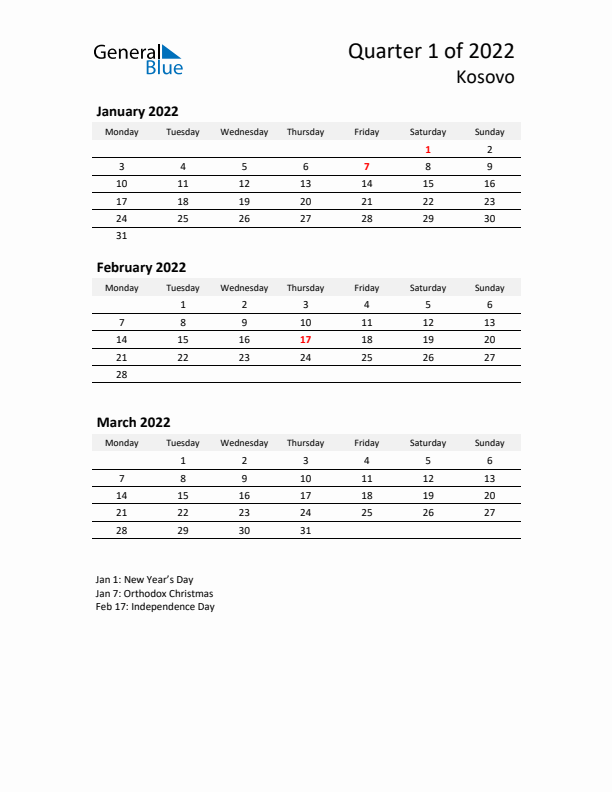 2022 Q1 Three-Month Calendar for Kosovo