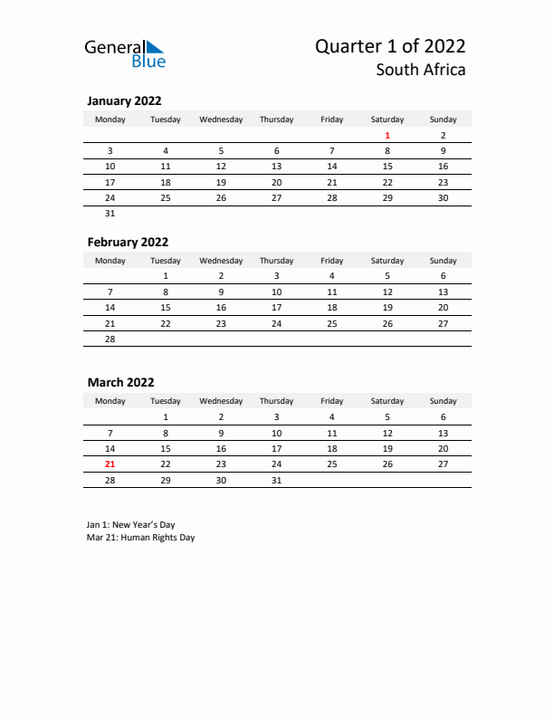 2022 Q1 Three-Month Calendar for South Africa