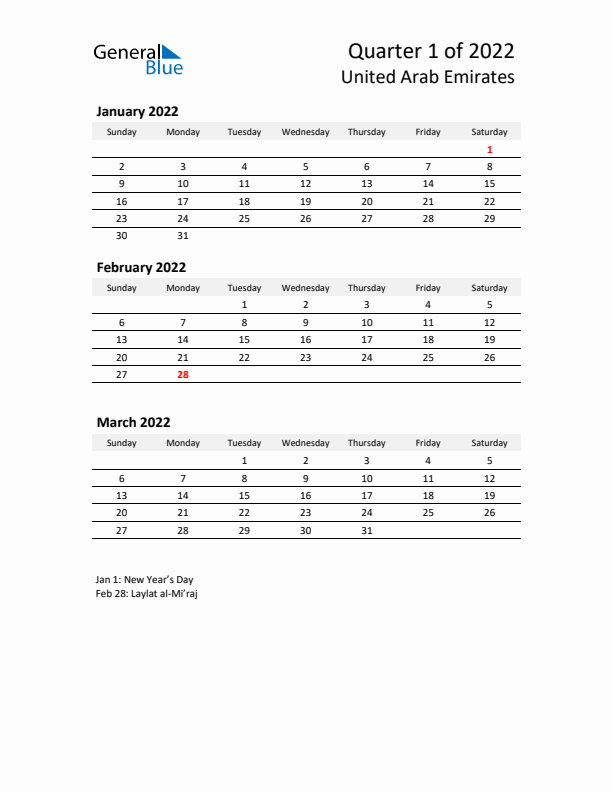 2022 Q1 Three-Month Calendar for United Arab Emirates