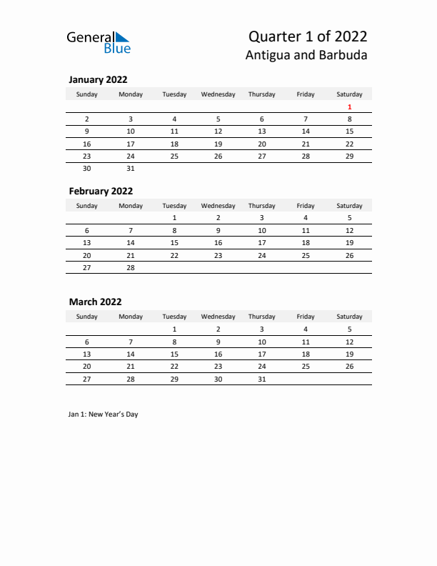 2022 Q1 Three-Month Calendar for Antigua and Barbuda