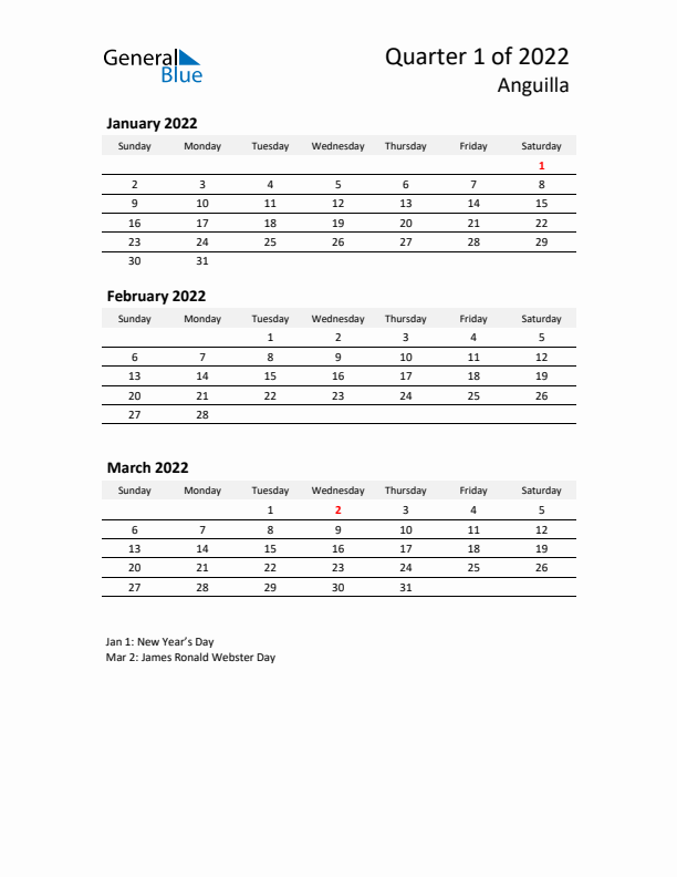 2022 Q1 Three-Month Calendar for Anguilla