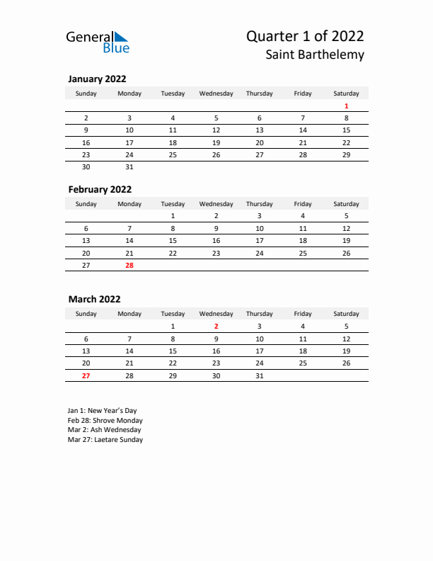 2022 Q1 Three-Month Calendar for Saint Barthelemy