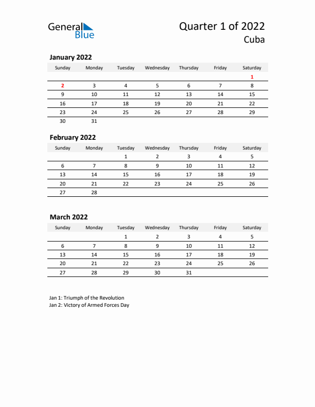 2022 Q1 Three-Month Calendar for Cuba