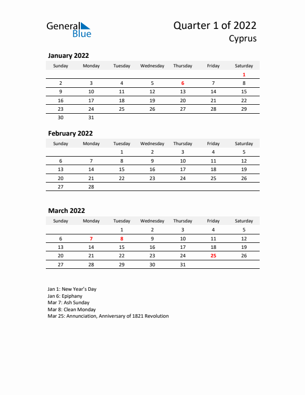 2022 Q1 Three-Month Calendar for Cyprus