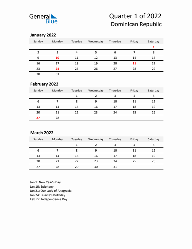 2022 Q1 Three-Month Calendar for Dominican Republic