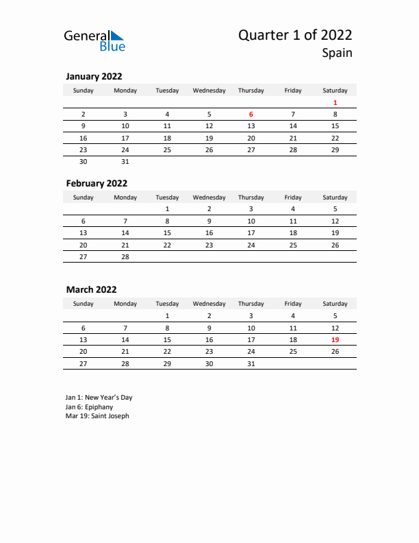 2022 Q1 Three-Month Calendar for Spain