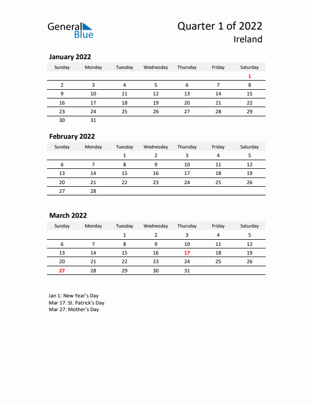 2022 Q1 Three-Month Calendar for Ireland