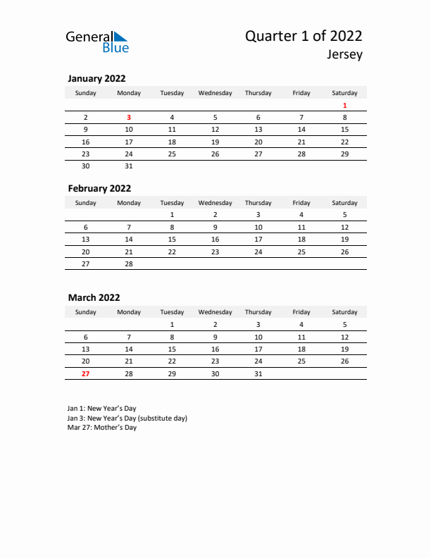 2022 Q1 Three-Month Calendar for Jersey