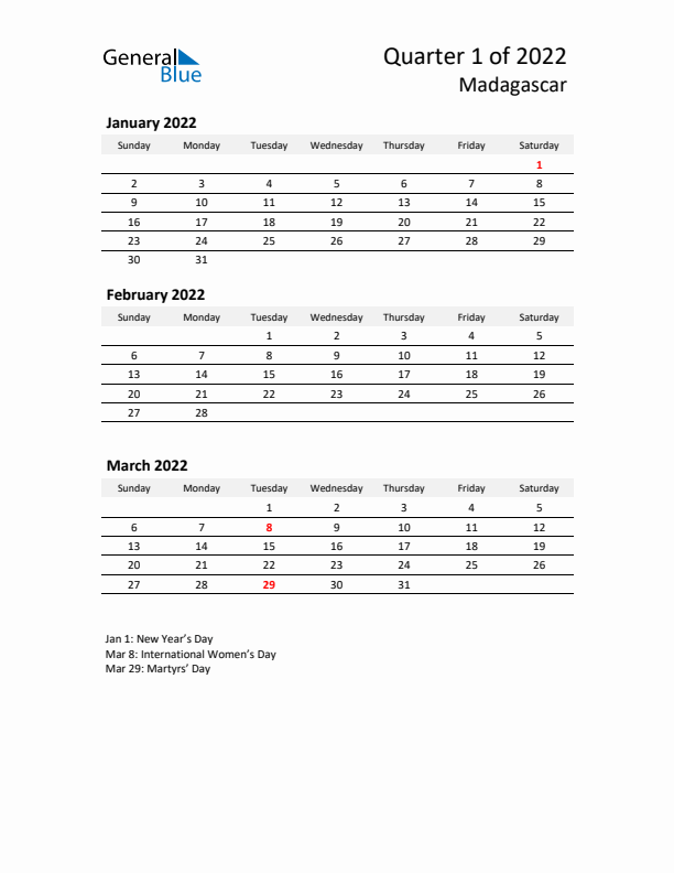 2022 Q1 Three-Month Calendar for Madagascar