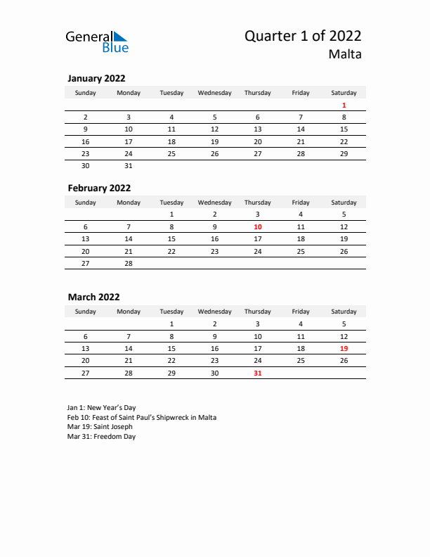 2022 Q1 Three-Month Calendar for Malta