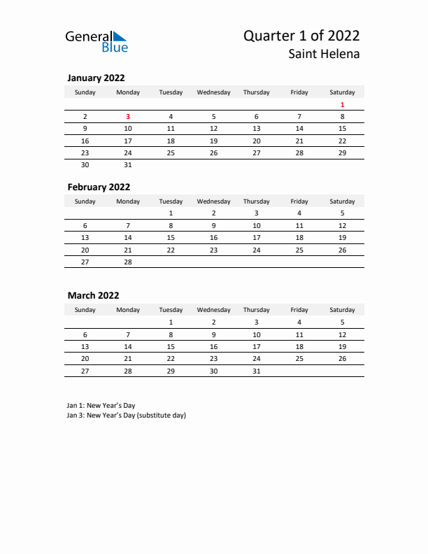 2022 Q1 Three-Month Calendar for Saint Helena