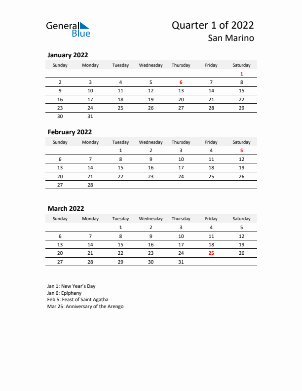 2022 Q1 Three-Month Calendar for San Marino