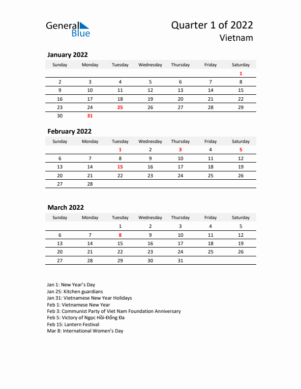 2022 Q1 Three-Month Calendar for Vietnam