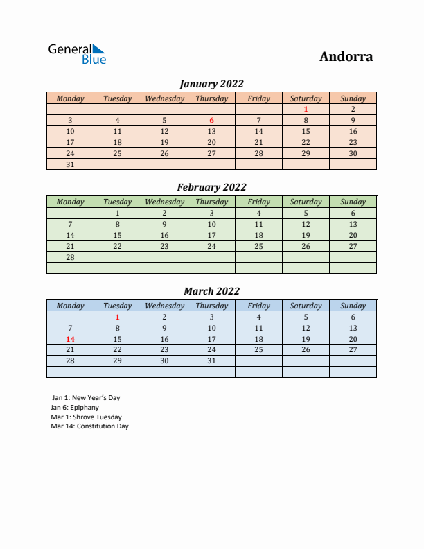 Q1 2022 Holiday Calendar - Andorra