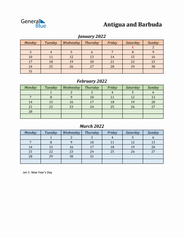 Q1 2022 Holiday Calendar - Antigua and Barbuda