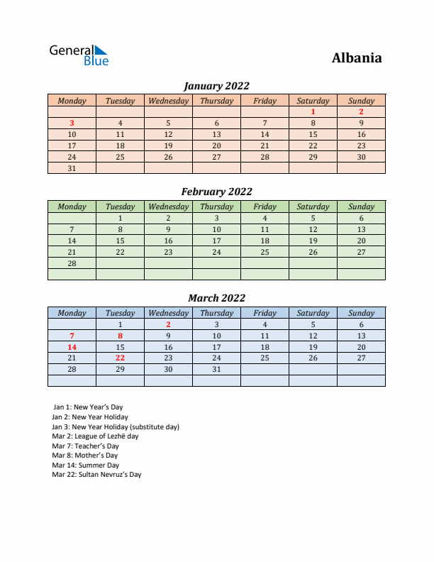 Q1 2022 Holiday Calendar - Albania