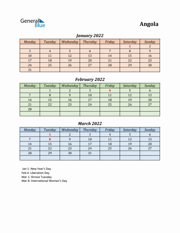 Q1 2022 Holiday Calendar - Angola