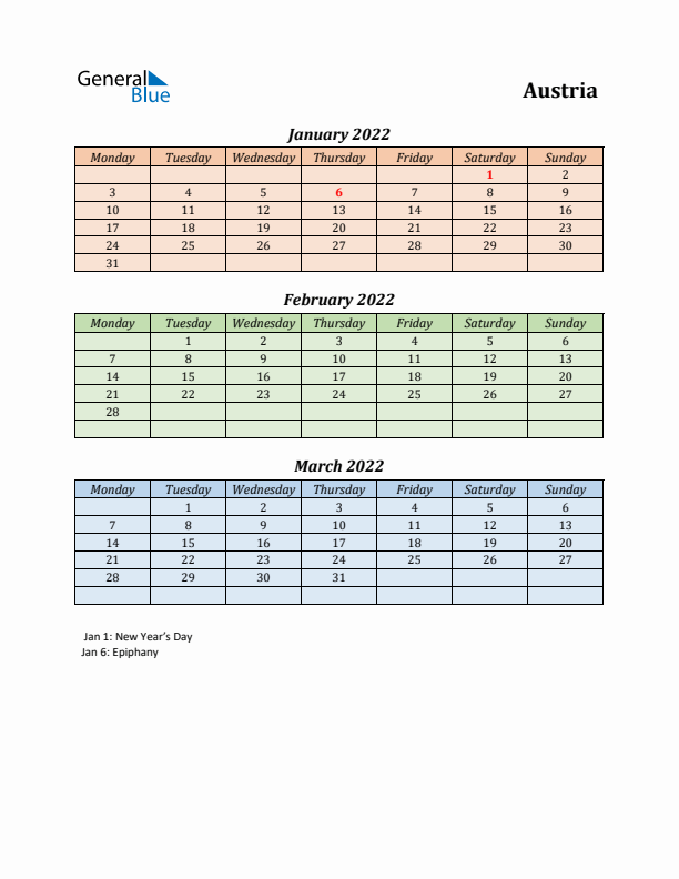 Q1 2022 Holiday Calendar - Austria