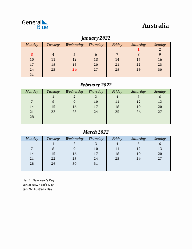 Q1 2022 Holiday Calendar - Australia